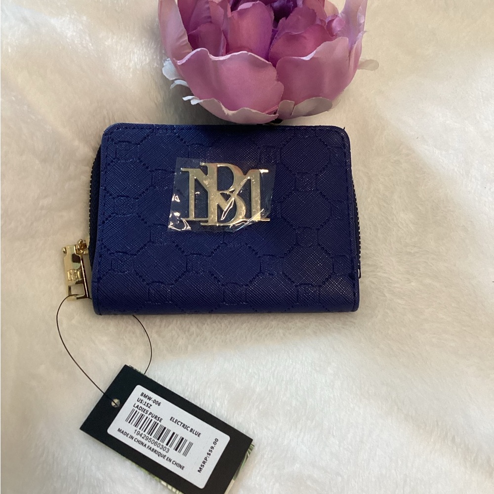 Badgley Mischka Zip Around Wallet Electric Blue Monogram Vegan Leather NWT Glam - Picture 1 of 6